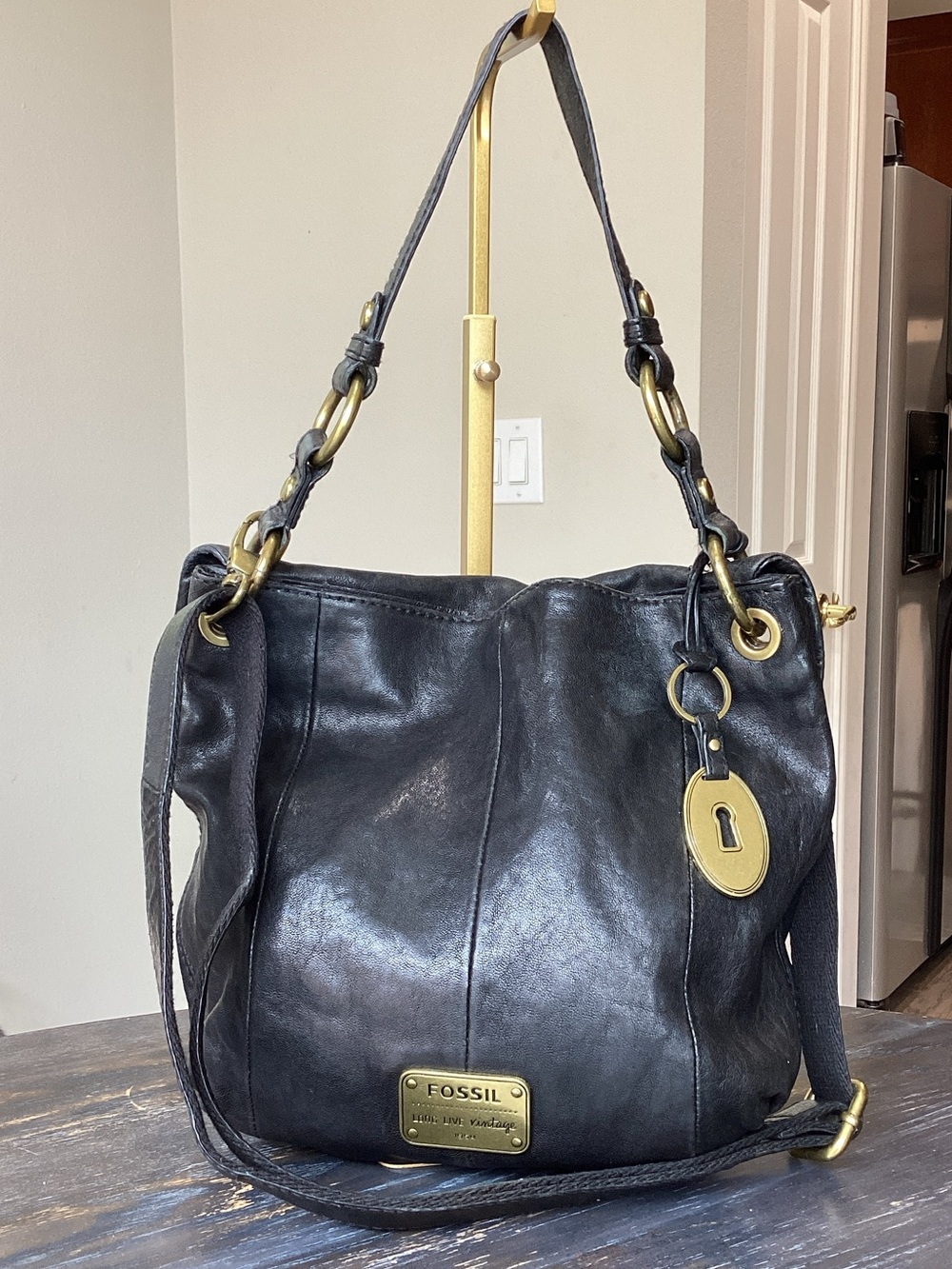 Fossil Hobo Long Live Vintage Black Leather Shoulder Bag with Brass Hardware